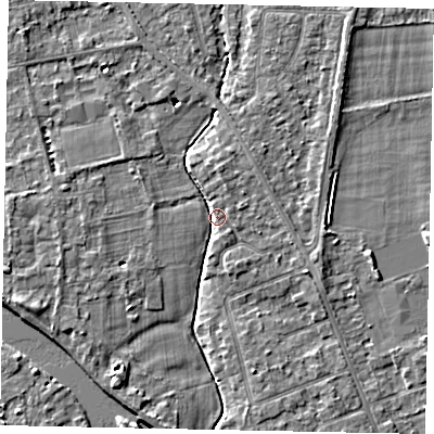 Shaded relief map of the ground around TW182SB, computed from Environment Agency LiDAR. The ground here sits at about 14 m above sea level and falls 4 m across the surrounding 800 m. Surface water reaching this point runs off ground lying to the north, 3.3 m higher.