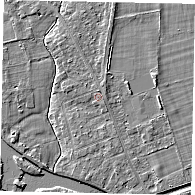 Shaded relief map of the ground around TW182SD, computed from Environment Agency LiDAR. The ground here sits at about 14 m above sea level and falls 4 m across the surrounding 800 m. Surface water reaching this point runs off ground lying to the north, 1.5 m higher.