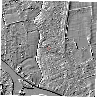 Shaded relief map of the ground around TW182SE, computed from Environment Agency LiDAR. The ground here sits at about 14 m above sea level and falls 4 m across the surrounding 800 m. Surface water reaching this point runs off ground lying to the east-north-east, 1.3 m higher.
