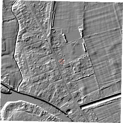 Shaded relief map of the ground around TW182SF, computed from Environment Agency LiDAR. The ground here sits at about 14 m above sea level and falls 4 m across the surrounding 800 m. Surface water reaching this point runs off ground lying to the north, 2.2 m higher.