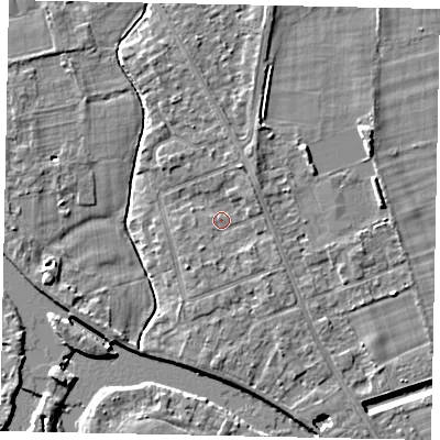 Shaded relief map of the ground around TW182SG, computed from Environment Agency LiDAR. The ground here sits at about 14 m above sea level and falls 4 m across the surrounding 800 m. Surface water reaching this point runs off ground lying to the north-east, 1.5 m higher.