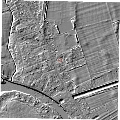 Shaded relief map of the ground around TW182SH, computed from Environment Agency LiDAR. The ground here sits at about 14 m above sea level and falls 4 m across the surrounding 800 m. Surface water reaching this point runs off ground lying to the north, 2.2 m higher.