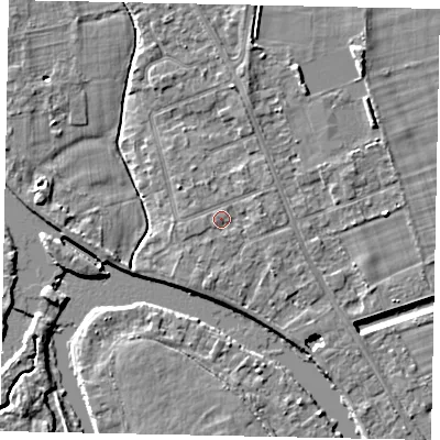 Shaded relief map of the ground around TW182SJ, computed from Environment Agency LiDAR. The ground here sits at about 14 m above sea level and falls 4 m across the surrounding 800 m. Surface water reaching this point runs off ground lying to the north-west, 0.7 m higher.