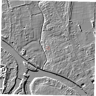 Shaded relief map of the ground around TW182SL, computed from Environment Agency LiDAR. The ground here sits at about 14 m above sea level and falls 4 m across the surrounding 800 m. Surface water reaching this point runs off ground lying to the north, 0.7 m higher.