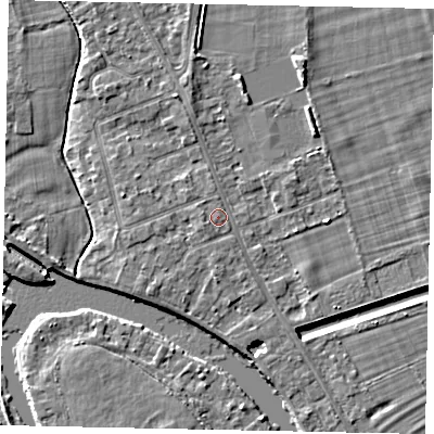 Shaded relief map of the ground around TW182SN, computed from Environment Agency LiDAR. The ground here sits at about 14 m above sea level and falls 4 m across the surrounding 800 m. Surface water reaching this point runs off ground lying to the south-west, 1.4 m higher.