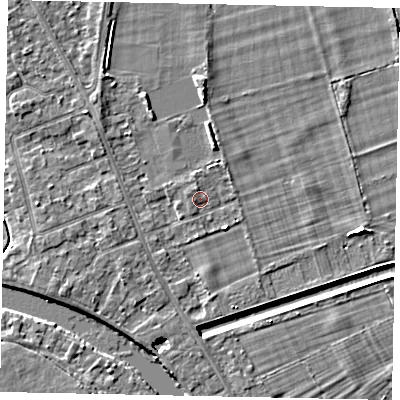 Shaded relief map of the ground around TW182SP, computed from Environment Agency LiDAR. The ground here sits at about 14 m above sea level and falls 5 m across the surrounding 800 m. Surface water reaching this point runs off ground lying to the west-north-west, 0.8 m higher.