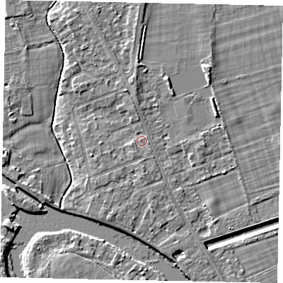 Shaded relief map of the ground around TW182SQ, computed from Environment Agency LiDAR. The ground here sits at about 14 m above sea level and falls 4 m across the surrounding 800 m. Surface water reaching this point runs off ground lying to the south-west, 1.2 m higher.