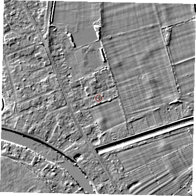 Shaded relief map of the ground around TW182SR, computed from Environment Agency LiDAR. The ground here sits at about 14 m above sea level and falls 5 m across the surrounding 800 m. Surface water reaching this point runs off ground lying to the south-south-west, 0.7 m higher.