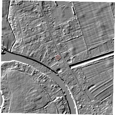 Shaded relief map of the ground around TW182SS, computed from Environment Agency LiDAR. The ground here sits at about 14 m above sea level and falls 4 m across the surrounding 800 m. Surface water reaching this point runs off ground lying to the west-north-west, 1.3 m higher.