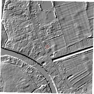 Shaded relief map of the ground around TW182ST, computed from Environment Agency LiDAR. The ground here sits at about 14 m above sea level and falls 5 m across the surrounding 800 m. Surface water reaching this point runs off ground lying to the east, 1.0 m higher.