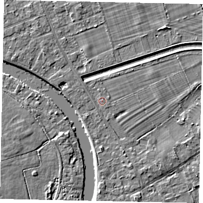 Shaded relief map of the ground around TW182SU, computed from Environment Agency LiDAR. The ground here sits at about 14 m above sea level and falls 5 m across the surrounding 800 m. Surface water reaching this point runs off ground lying to the north, 0.7 m higher.