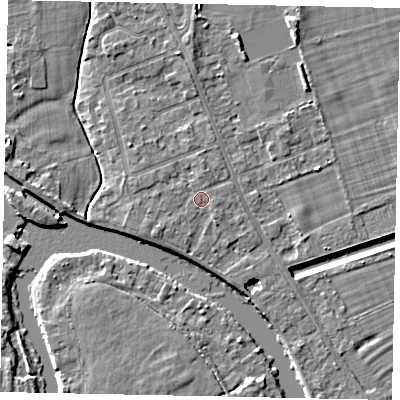 Shaded relief map of the ground around TW182SW, computed from Environment Agency LiDAR. The ground here sits at about 14 m above sea level and falls 4 m across the surrounding 800 m. Surface water reaching this point runs off ground lying to the north, 0.9 m higher.