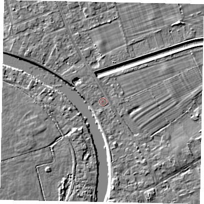 Shaded relief map of the ground around TW182SX, computed from Environment Agency LiDAR. The ground here sits at about 14 m above sea level and falls 5 m across the surrounding 800 m. Surface water reaching this point runs off ground lying to the north-north-west, 2.2 m higher.