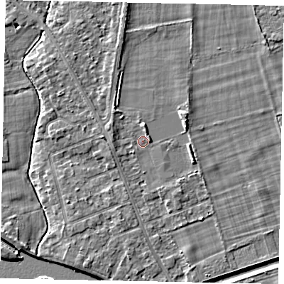 Shaded relief map of the ground around TW182SY, computed from Environment Agency LiDAR. The ground here sits at about 14 m above sea level and falls 4 m across the surrounding 800 m. Surface water reaching this point runs off ground lying to the north-north-east, 1.5 m higher.