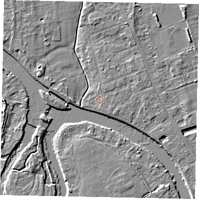Shaded relief map of the ground around TW182SZ, computed from Environment Agency LiDAR. The ground here sits at about 14 m above sea level and falls 4 m across the surrounding 800 m. Surface water reaching this point runs off ground lying to the east-south-east, 1.2 m higher.