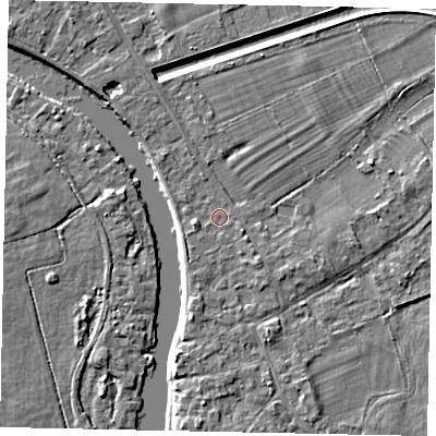 Shaded relief map of the ground around TW182TA, computed from Environment Agency LiDAR. The ground here sits at about 13 m above sea level and falls 4 m across the surrounding 800 m. Surface water reaching this point runs off ground lying to the south-south-west, 1.6 m higher.
