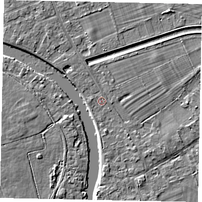Shaded relief map of the ground around TW182TB, computed from Environment Agency LiDAR. The ground here sits at about 13 m above sea level and falls 5 m across the surrounding 800 m. Surface water reaching this point runs off ground lying to the west, 2.4 m higher.