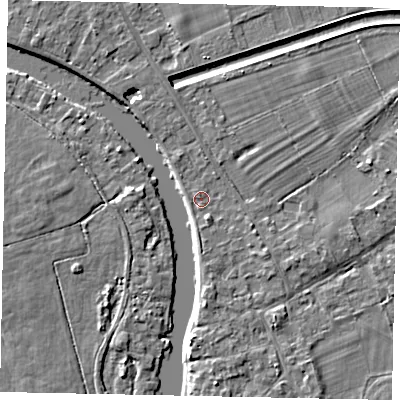 Shaded relief map of the ground around TW182TD, computed from Environment Agency LiDAR. The ground here sits at about 14 m above sea level and falls 4 m across the surrounding 800 m. Surface water reaching this point runs off ground lying to the south-south-east, 1.4 m higher.