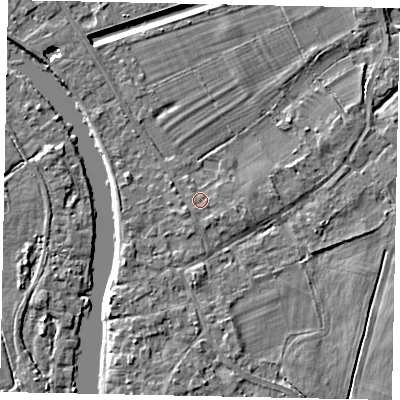 Shaded relief map of the ground around TW182TE, computed from Environment Agency LiDAR. The ground here sits at about 14 m above sea level and falls 4 m across the surrounding 800 m. Surface water reaching this point runs off ground lying to the south-east, 0.7 m higher.
