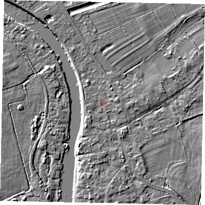 Shaded relief map of the ground around TW182TF, computed from Environment Agency LiDAR. The ground here sits at about 14 m above sea level and falls 4 m across the surrounding 800 m. Surface water reaching this point runs off ground lying to the south-west, 1.2 m higher.