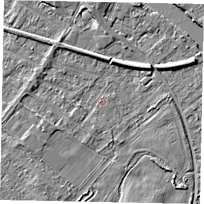 Shaded relief map of the ground around TW183AD, computed from Environment Agency LiDAR. The ground here sits at about 15 m above sea level and falls 7 m across the surrounding 800 m. Surface water reaching this point runs off ground lying to the west-south-west, 1.5 m higher.