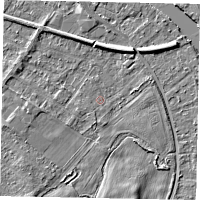 Shaded relief map of the ground around TW183AE, computed from Environment Agency LiDAR. The ground here sits at about 15 m above sea level and falls 7 m across the surrounding 800 m. Surface water reaching this point runs off ground lying to the south, 1.5 m higher.