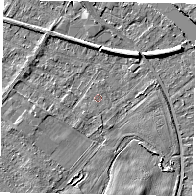 Shaded relief map of the ground around TW183AF, computed from Environment Agency LiDAR. The ground here sits at about 15 m above sea level and falls 7 m across the surrounding 800 m. Surface water reaching this point runs off ground lying to the north, 0.6 m higher.