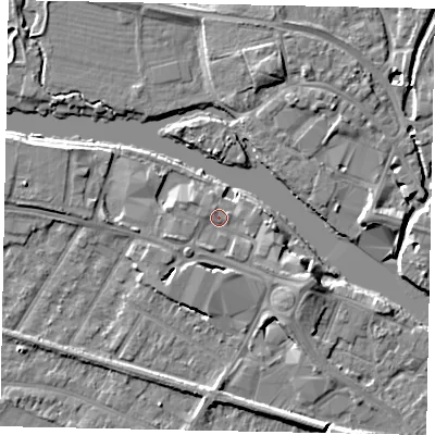 Shaded relief map of the ground around TW183AG, computed from Environment Agency LiDAR. The ground here sits at about 16 m above sea level and falls 6 m across the surrounding 800 m. Surface water reaching this point runs off ground lying to the west-south-west, 1.3 m higher.