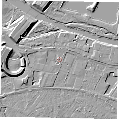 Shaded relief map of the ground around TW183AL, computed from Environment Agency LiDAR. The ground here sits at about 15 m above sea level and falls 12 m across the surrounding 800 m. Surface water reaching this point runs off ground lying to the west-south-west, 4.6 m higher.