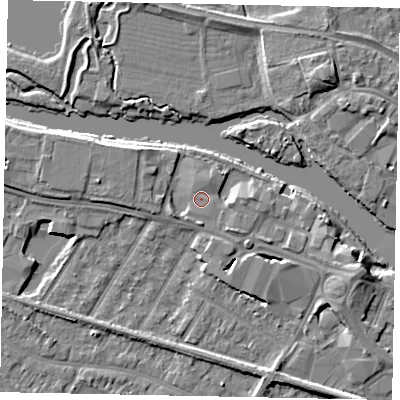 Shaded relief map of the ground around TW183AP, computed from Environment Agency LiDAR. The ground here sits at about 16 m above sea level and falls 6 m across the surrounding 800 m. Surface water reaching this point runs off ground lying to the south-east, 1.5 m higher.