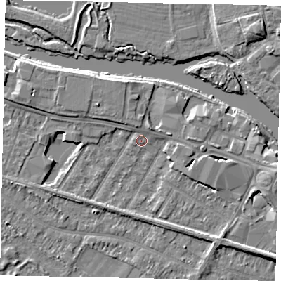 Shaded relief map of the ground around TW183AQ, computed from Environment Agency LiDAR. The ground here sits at about 15 m above sea level and falls 6 m across the surrounding 800 m. Surface water reaching this point runs off ground lying to the north-east, 2.3 m higher.