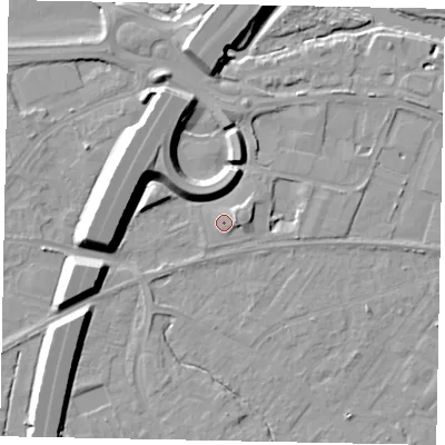 Shaded relief map of the ground around TW183AR, computed from Environment Agency LiDAR. The ground here sits at about 16 m above sea level and falls 12 m across the surrounding 800 m. Surface water reaching this point runs off ground lying to the east-north-east, 2.6 m higher.