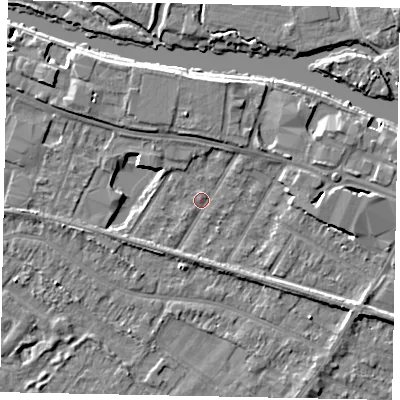 Shaded relief map of the ground around TW183AS, computed from Environment Agency LiDAR. The ground here sits at about 15 m above sea level and falls 6 m across the surrounding 800 m. Surface water reaching this point runs off ground lying to the south-east, 3.3 m higher.