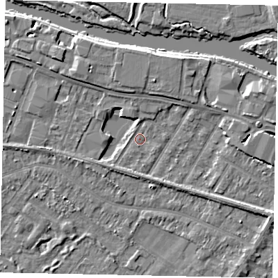 Shaded relief map of the ground around TW183AT, computed from Environment Agency LiDAR. The ground here sits at about 15 m above sea level and falls 5 m across the surrounding 800 m. Surface water reaching this point runs off ground lying to the north-north-east, 4.1 m higher.