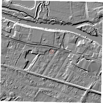 Shaded relief map of the ground around TW183AU, computed from Environment Agency LiDAR. The ground here sits at about 15 m above sea level and falls 6 m across the surrounding 800 m. Surface water reaching this point runs off ground lying to the north-north-west, 4.1 m higher.