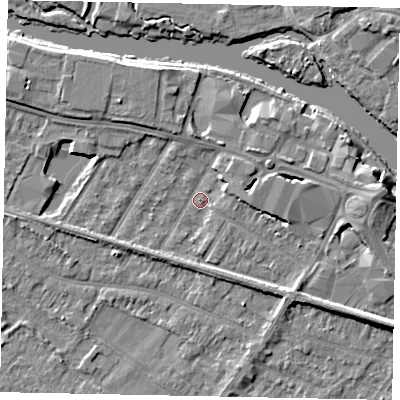 Shaded relief map of the ground around TW183AW, computed from Environment Agency LiDAR. The ground here sits at about 15 m above sea level and falls 6 m across the surrounding 800 m. Surface water reaching this point runs off ground lying to the east, 4.7 m higher.