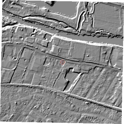 Shaded relief map of the ground around TW183AX, computed from Environment Agency LiDAR. The ground here sits at about 15 m above sea level and falls 6 m across the surrounding 800 m. Surface water reaching this point runs off ground lying to the north-north-west, 2.5 m higher.