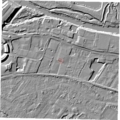 Shaded relief map of the ground around TW183AY, computed from Environment Agency LiDAR. The ground here sits at about 15 m above sea level and falls 10 m across the surrounding 800 m. Surface water reaching this point runs off ground lying to the west, 4.6 m higher.