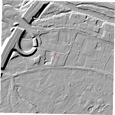 Shaded relief map of the ground around TW183AZ, computed from Environment Agency LiDAR. The ground here sits at about 16 m above sea level and falls 12 m across the surrounding 800 m. Surface water reaching this point runs off ground lying to the south-south-west, 0.8 m higher.