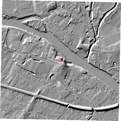 Shaded relief map of the ground around TW183BA, computed from Environment Agency LiDAR. The ground here sits at about 17 m above sea level and falls 7 m across the surrounding 800 m. Surface water reaching this point runs off ground lying to the south-east, 4.5 m higher.