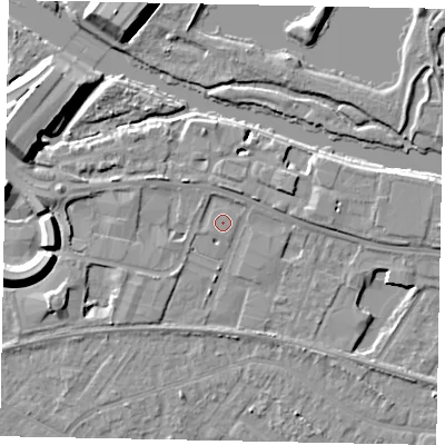 Shaded relief map of the ground around TW183BF, computed from Environment Agency LiDAR. The ground here sits at about 15 m above sea level and falls 10 m across the surrounding 800 m. Surface water reaching this point runs off ground lying to the south-south-west, 0.5 m higher.