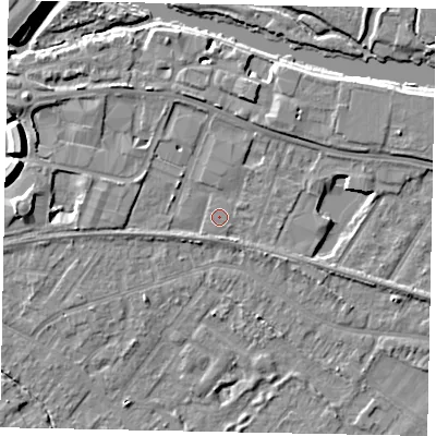 Shaded relief map of the ground around TW183BG, computed from Environment Agency LiDAR. The ground here sits at about 15 m above sea level and falls 9 m across the surrounding 800 m. Surface water reaching this point runs off ground lying to the west-south-west, 1.1 m higher.