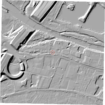 Shaded relief map of the ground around TW183BU, computed from Environment Agency LiDAR. The ground here sits at about 16 m above sea level and falls 12 m across the surrounding 800 m. Surface water reaching this point runs off ground lying to the west, 1.9 m higher.