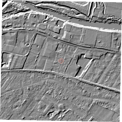 Shaded relief map of the ground around TW183DA, computed from Environment Agency LiDAR. The ground here sits at about 15 m above sea level and falls 5 m across the surrounding 800 m. Surface water reaching this point runs off ground lying to the north, 3.2 m higher.