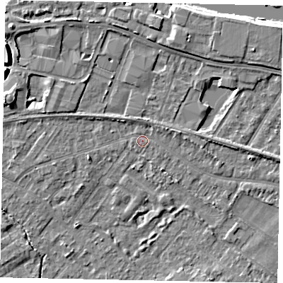 Shaded relief map of the ground around TW183DB, computed from Environment Agency LiDAR. The ground here sits at about 15 m above sea level and falls 8 m across the surrounding 800 m. The ground contributing surface water to this point lies to the west.