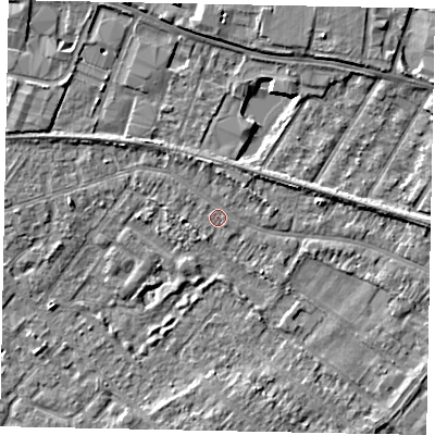 Shaded relief map of the ground around TW183DD, computed from Environment Agency LiDAR. The ground here sits at about 15 m above sea level and falls 4 m across the surrounding 800 m. Surface water reaching this point runs off ground lying to the north, 1.7 m higher.