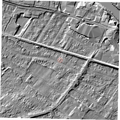 Shaded relief map of the ground around TW183DF, computed from Environment Agency LiDAR. The ground here sits at about 15 m above sea level and falls 6 m across the surrounding 800 m. Surface water reaching this point runs off ground lying to the east, 2.8 m higher.