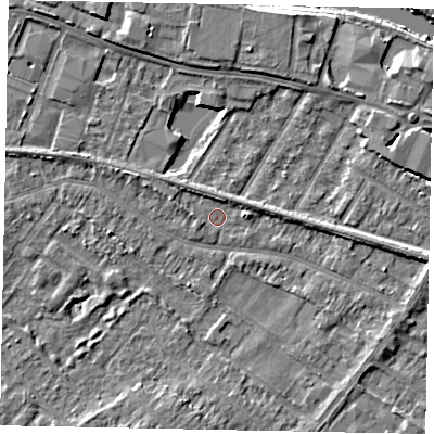 Shaded relief map of the ground around TW183DG, computed from Environment Agency LiDAR. The ground here sits at about 14 m above sea level and falls 5 m across the surrounding 800 m. Surface water reaching this point runs off ground lying to the west-north-west, 1.6 m higher.