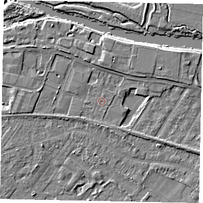 Shaded relief map of the ground around TW183DH, computed from Environment Agency LiDAR. The ground here sits at about 15 m above sea level and falls 5 m across the surrounding 800 m. Surface water reaching this point runs off ground lying to the north-north-west, 3.2 m higher.