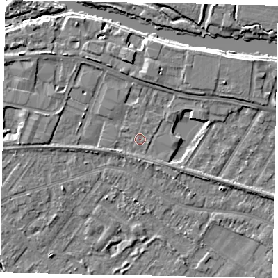 Shaded relief map of the ground around TW183DJ, computed from Environment Agency LiDAR. The ground here sits at about 15 m above sea level and falls 5 m across the surrounding 800 m. Surface water reaching this point runs off ground lying to the north, 3.2 m higher.